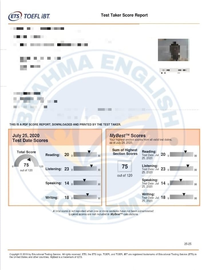 TOEFL Scorecard 9 - Brahma English TOEFL Achievement